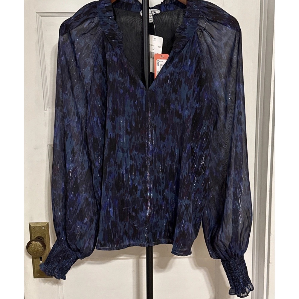 Koko + Mason Sheer Patterned Blouse V Neck Balloon Sleeves Gathered Wrist NWT